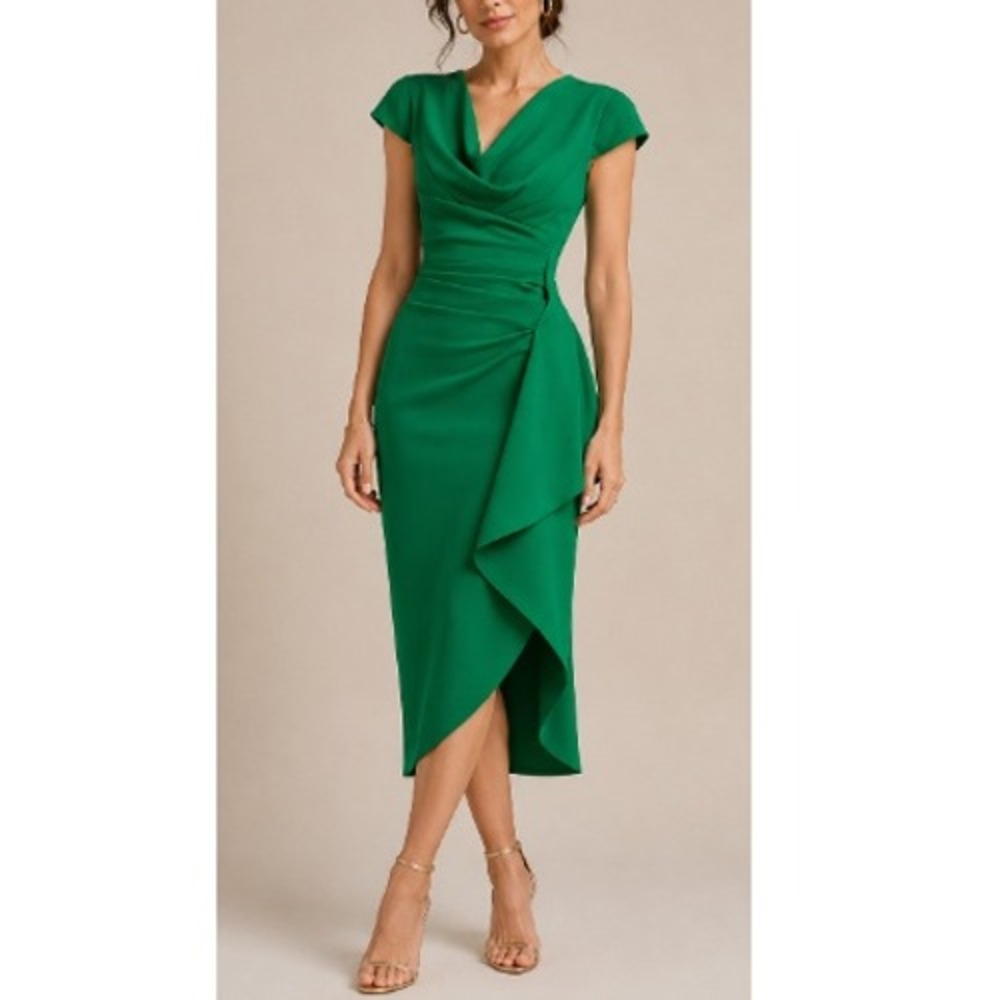 Fehaute Women's Green Cowl Neck Ruched Cap Sleeve Sheath Midi Dress Size S